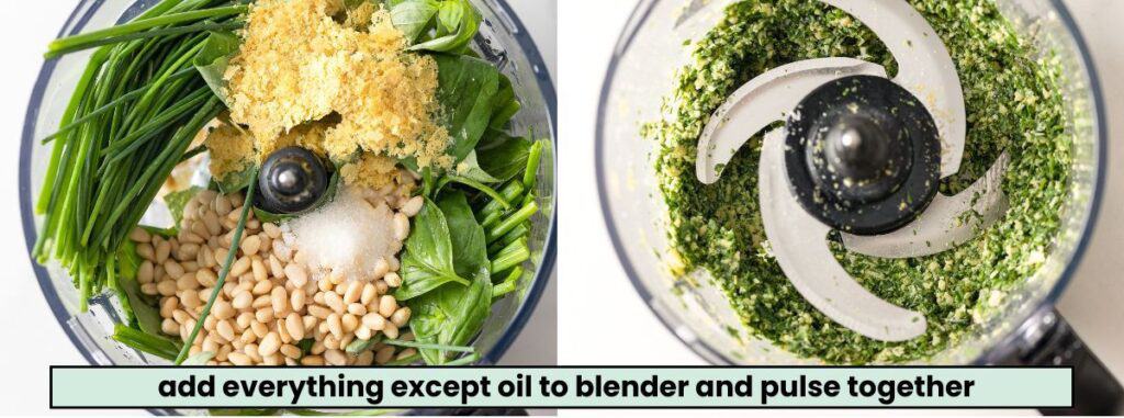 homemade low fodmap pesto ingredients in a food processor bowl before and after blending