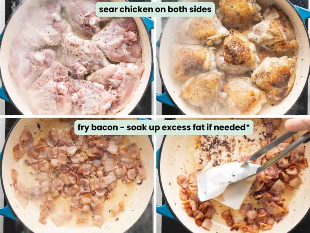 Four images showing how to the process of searing chicken thighs in a pan on both sides then frying chopped bacon pieces in the a pan. Optional step: soak up the excess bacon fat with a pair of tongs and a paper towel if needed.