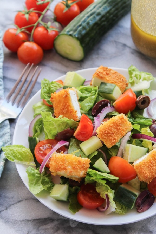 Greek Salad with Fried Feta - A Saucy Kitchen