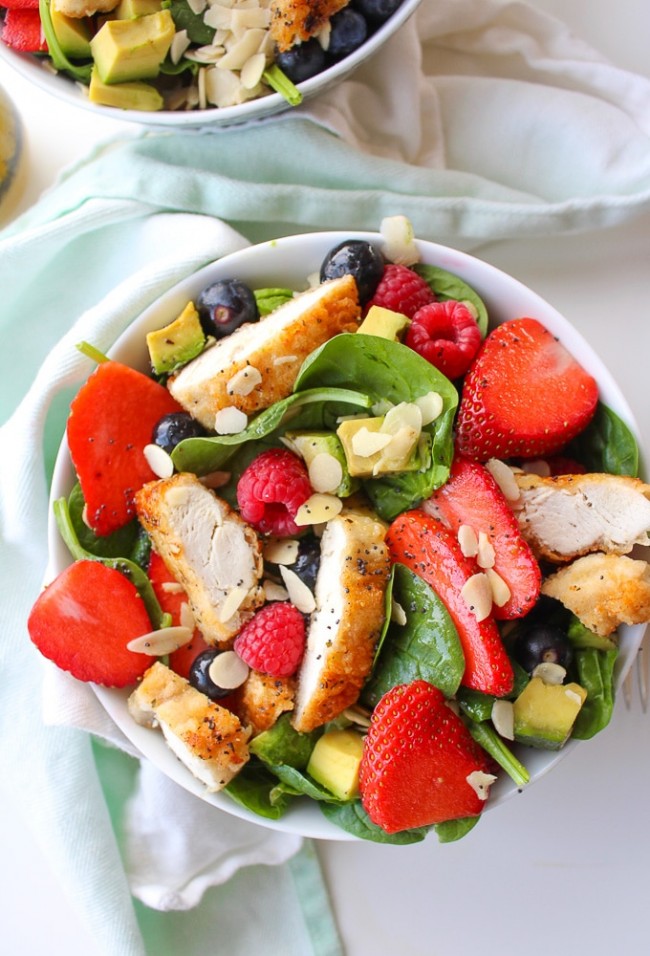 Mixed Berry, Chicken and Avocado Spinach Salad - A Saucy Kitchen