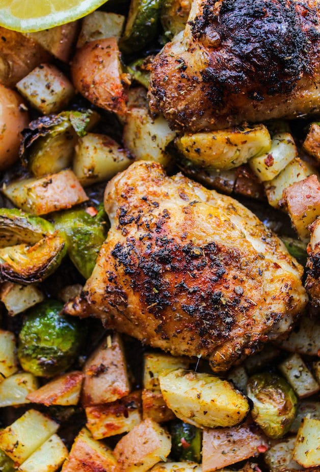 One Pan Chicken with Lemon Garlic Potatoes & Brussels Sprouts - A Saucy ...