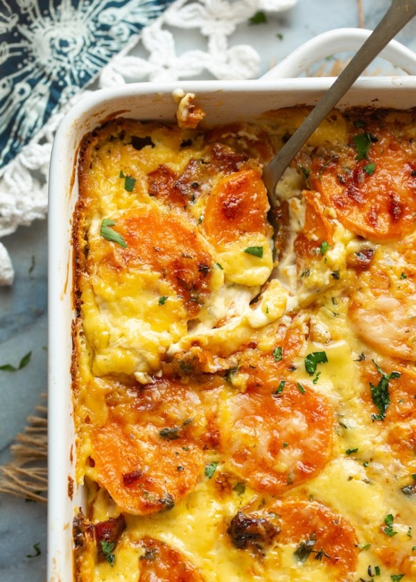 Scalloped Sweet Potatoes with Bacon & Herb Sauce - A Saucy Kitchen