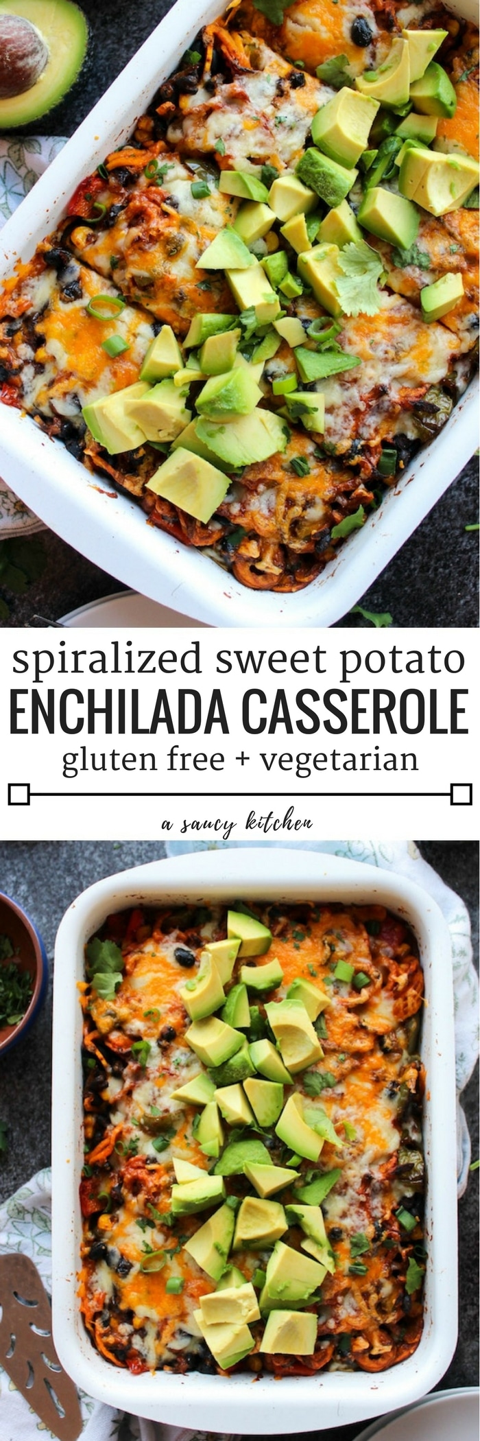 Spiralized Sweet Potato Enchilada Casserole - A Saucy Kitchen