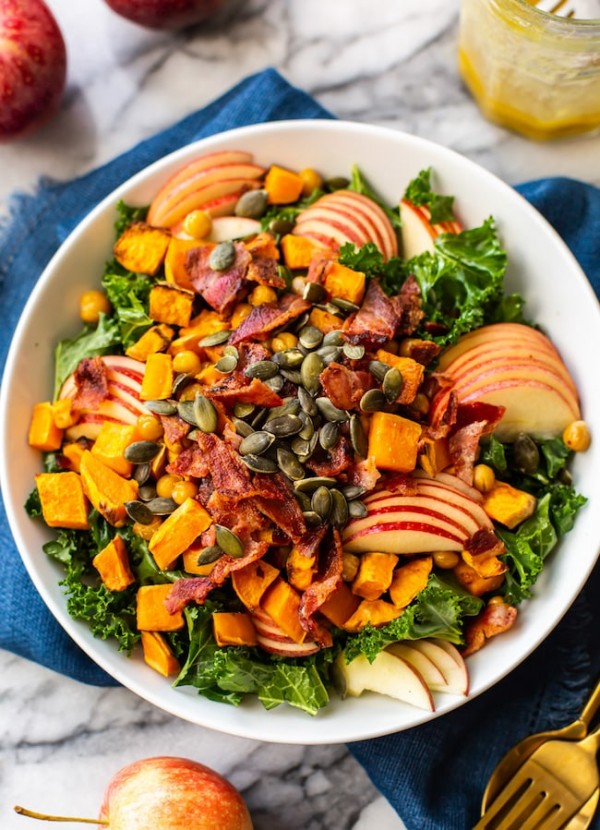 Roasted Sweet Potato Chickpea Kale Apple Salad With Bacon A Saucy