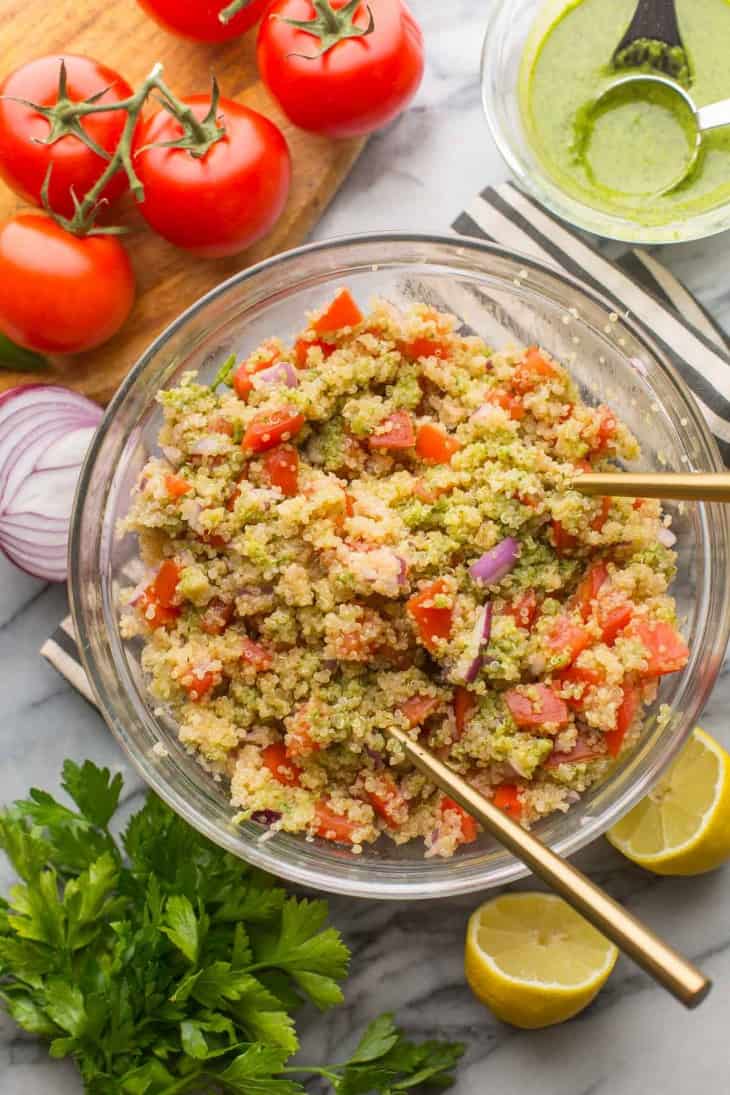 Tomato Quinoa Salad with a Zhoug Style Dressing - A Saucy Kitchen