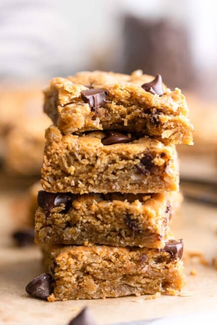 Peanut Butter Cookie Bars with Oats (GF + Vegan Option) - A Saucy Kitchen