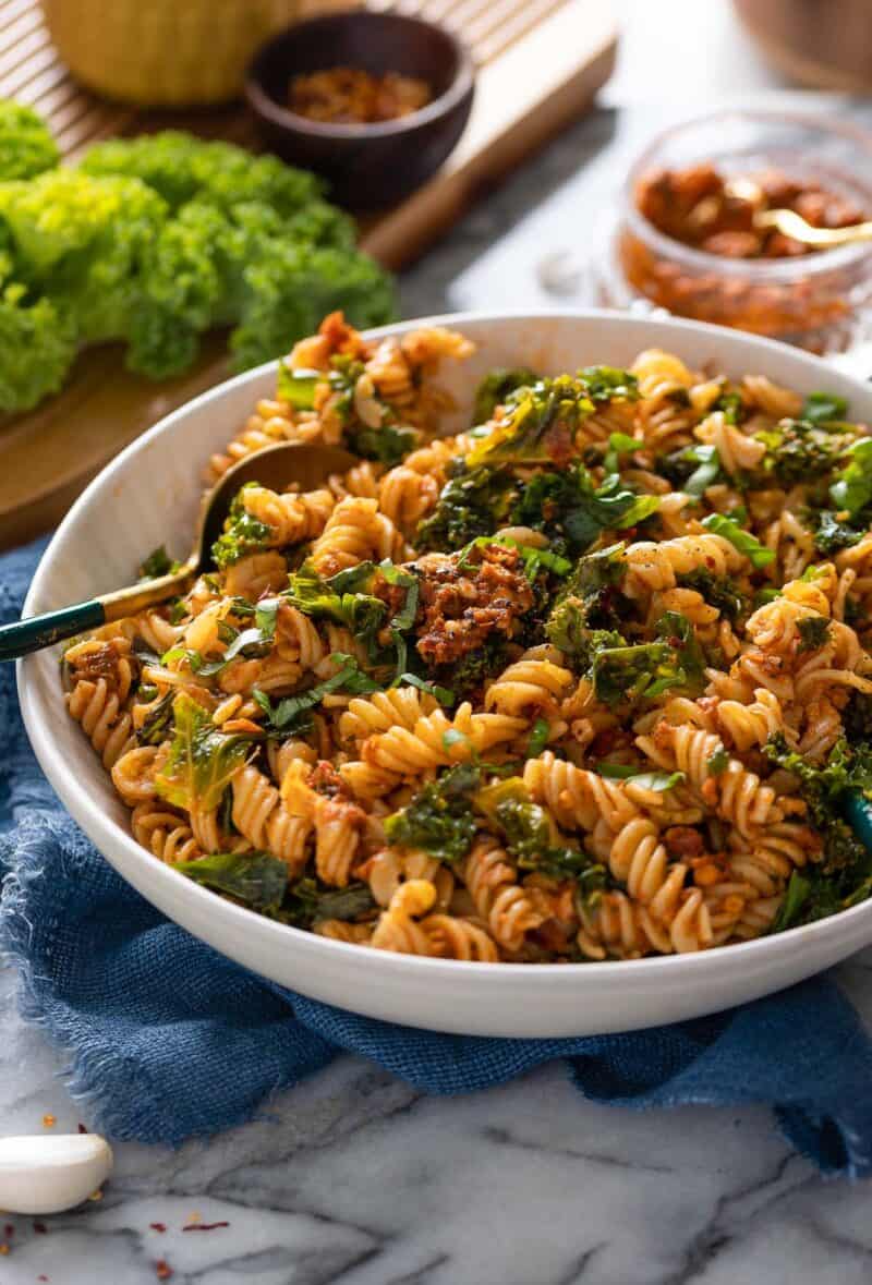 Red Pesto Pasta with Chili Kale - A Saucy Kitchen