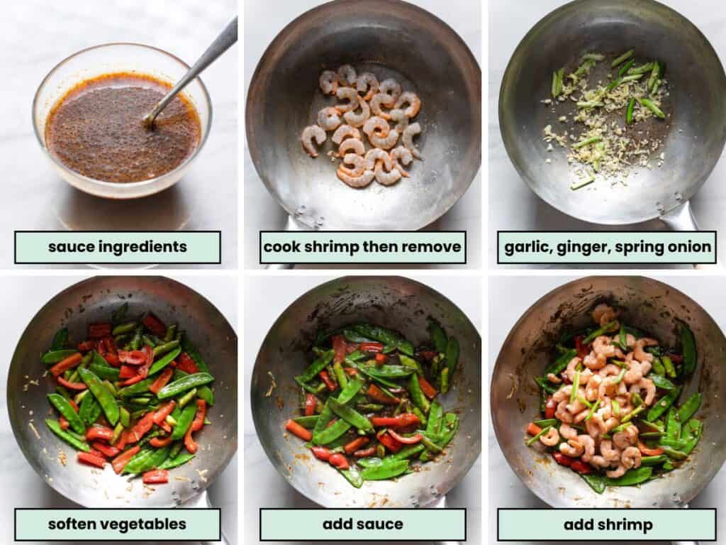 Five Spice Shrimp & Vegetable Stir Fry collage of recipe steps