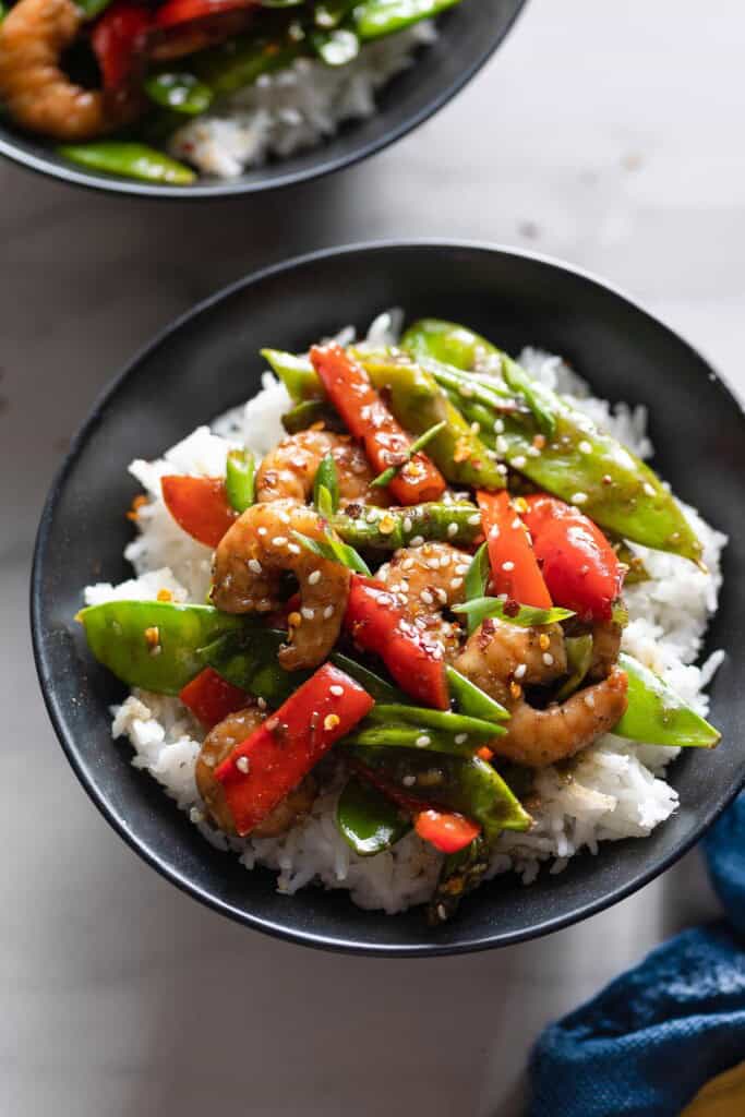 Five Spice Shrimp & Vegetable Stir Fry in a bowl with white rice