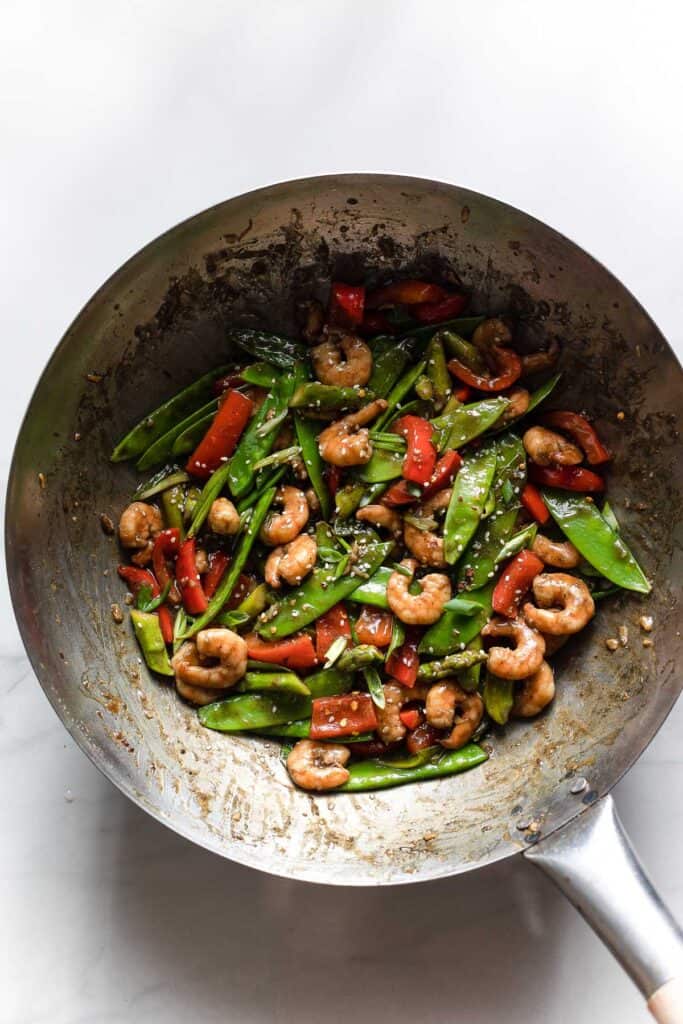 Five Spice Shrimp & Vegetable Stir Fry in a wok