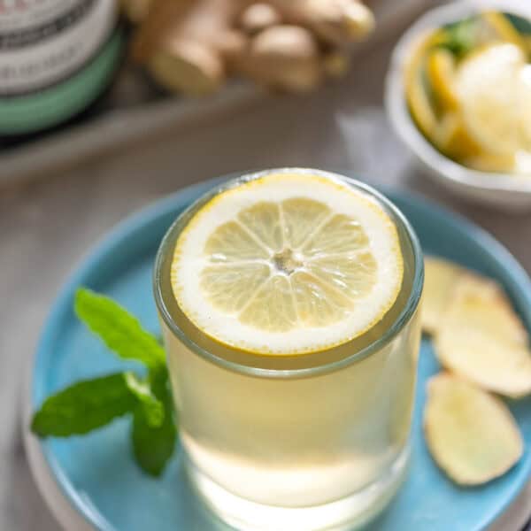 ginger switchel in a glass with a lemon slice on top