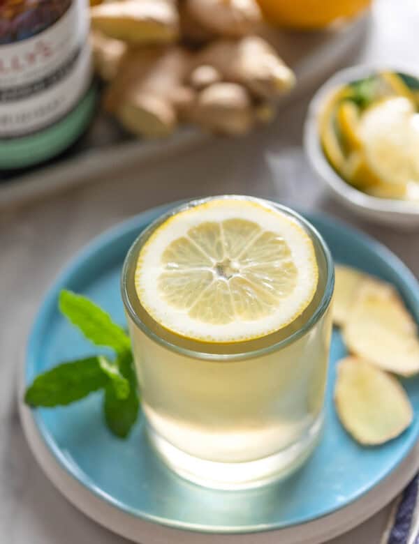 ginger switchel in a glass with a lemon slice on top