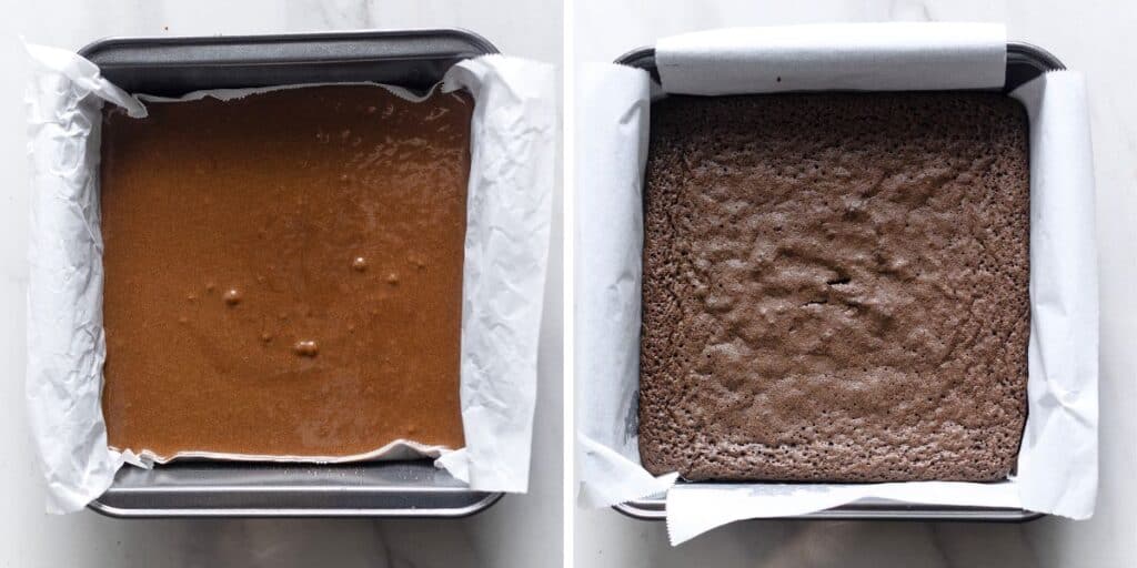 carob brownies in a baking tin before and after baking