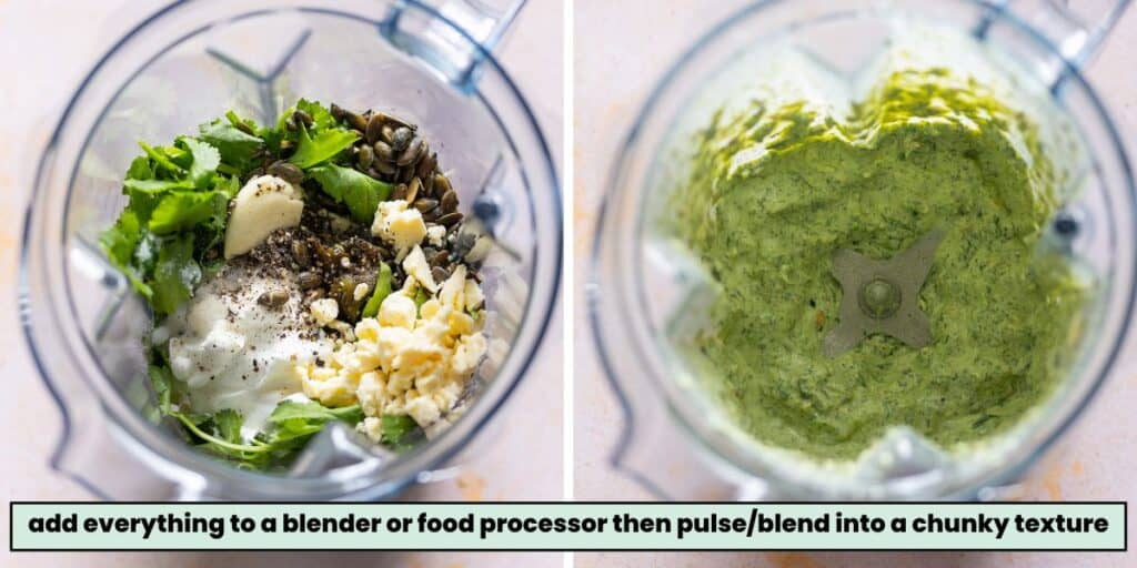 cilantro pepita dressing ingredients in a blender before and after blending