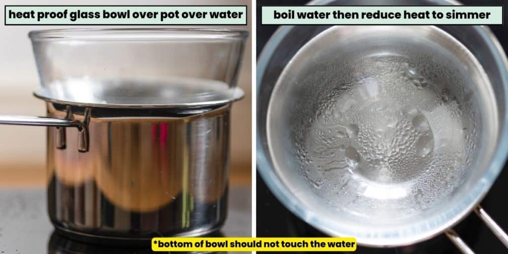 DIY double boiler made with a small sauce pan and a heat proof glass bowl sitting on top