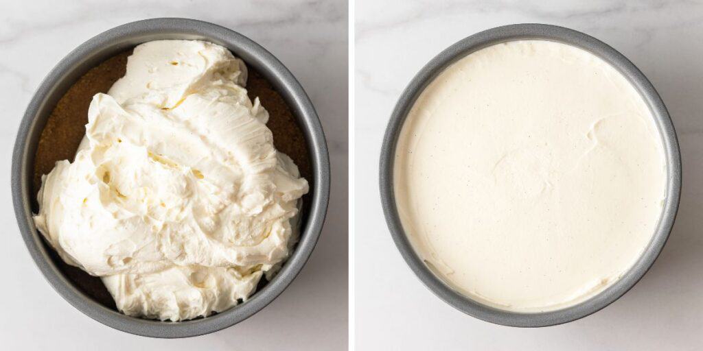 No bake cheesecake filling before and after spreading it over a prepared crust in a 9-inch loose-bottom cake pan