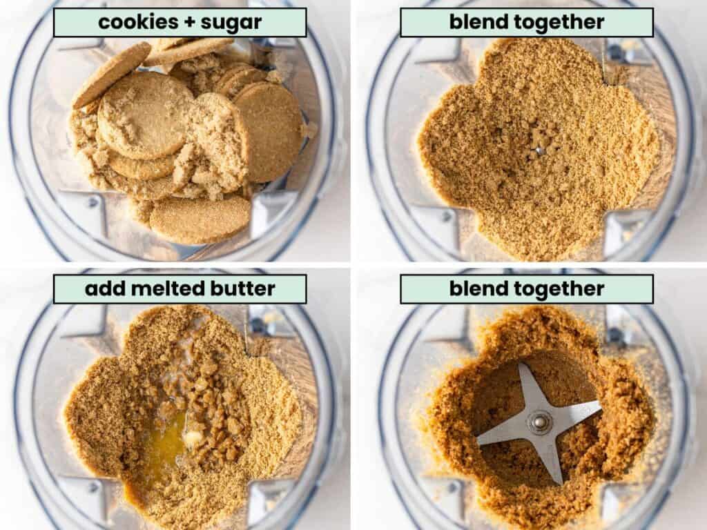Collage of steps to make a no bake cheesecake crust: combine cookies and sugar and blend together into a sandy mixture then add melted butter and blend until combined.