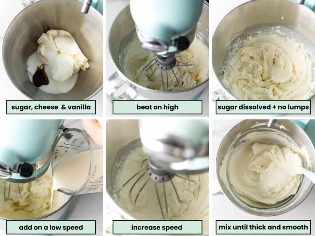 Collage of steps for making a cream cheese and macarpone no bake cheesecake filling: combine ingredients in stand mixer bowl (sugar, cheeses and vanilla); beat ingredients on high until sugar has dissvolved and no lumps remain; add cream to bowl with the mixer on then increase speed to beat together until thick and smooth. 