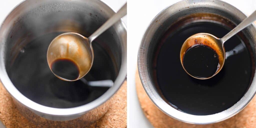 Balsamic vinegar in a sauce pot before and after simmering into a thicker balsamic glaze