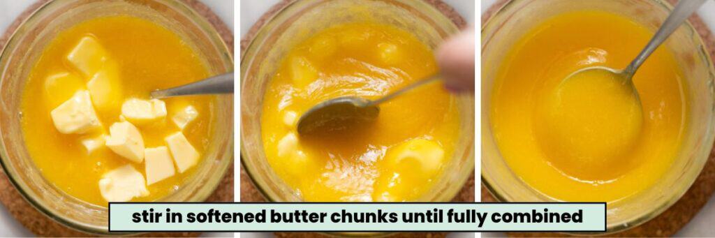 softened butter mixing into lemon curd after its thickened over a double boiler