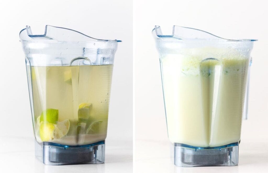 Brazilian Lemonade ingredients in a blender before and after blending: water, limes, sweetened condensed coconut milk and sweetener