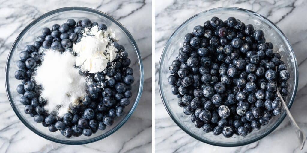 fresh blueberries in a mixing bowl with sugar, cornstarch, lemon juice and vanilla extract