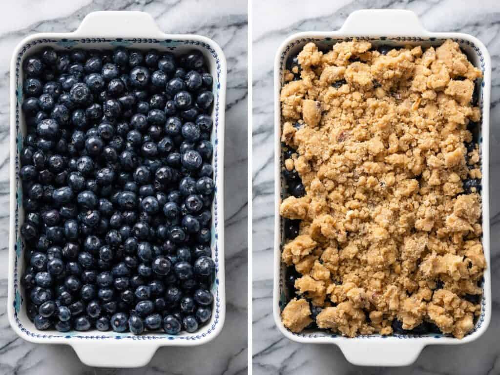 gluten free blueberry crumble assembly: the filling in a 2 quart baking dish then topped with the gluten free crumble topping 