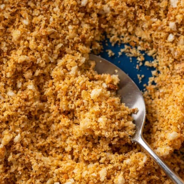 homemade gluten free breadcrumbs in a bowl with a spoon scooping some of the breadcrumbs up