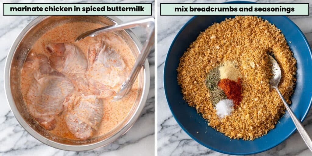 chicken marinating in spiced buttermilk and breadcrumbs in a bowl with oven fried chicken seasoning