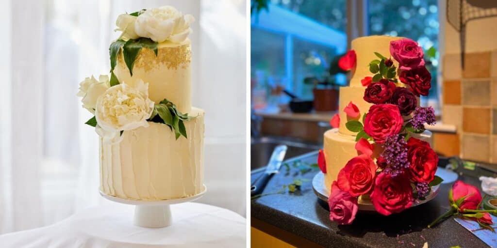 two different wedding cakes: cake on left side is a 2-tier white cake decorated with gold flakes on top and fresh white flowers; Right cake is a 3-tier white cake decorated with fresh red and pink roses