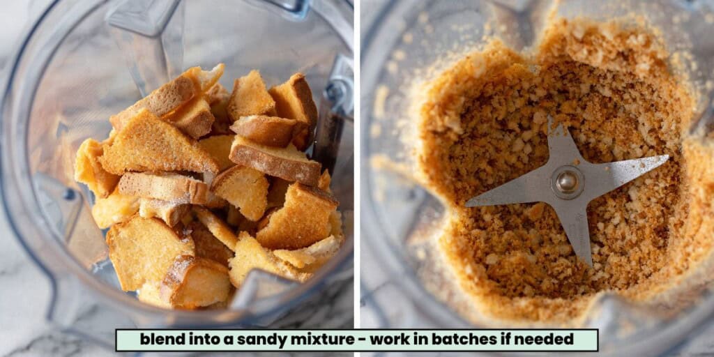 pieces up gluten free toast torn up and placed in a blender then blended to make breadcrumbs