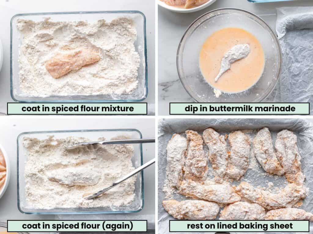 gluten free chicken tender breading collage: coat in flour, dip in buttermilk marinade, coat in flour again, rest breaded chicken on a lined baking sheet