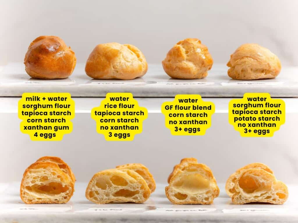 4 different gluten free choux buns shown whole and cut in half to show the difference in different recipe variations 