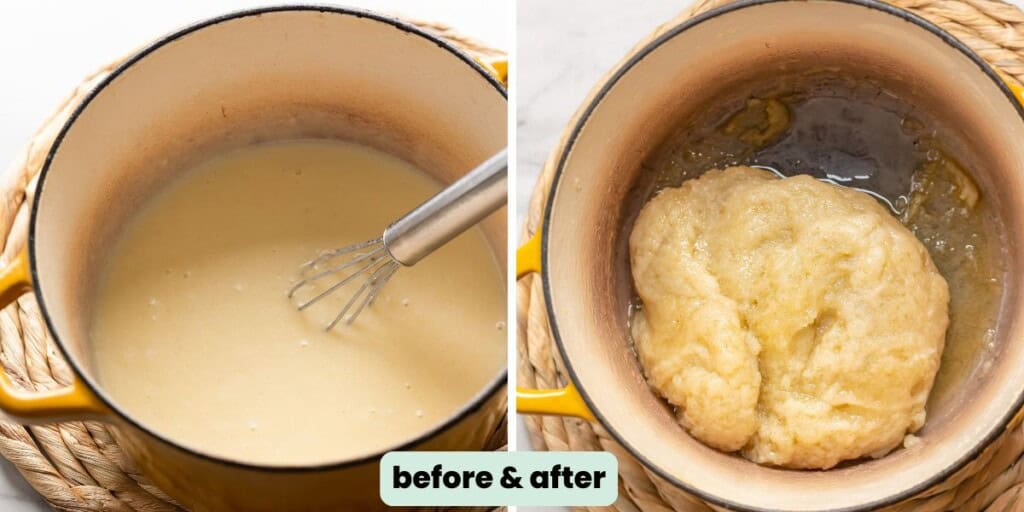 before and after images of the flour and water mixture cooking with the butter: the first image shows a thin batter and the second image shows a thick dough clump