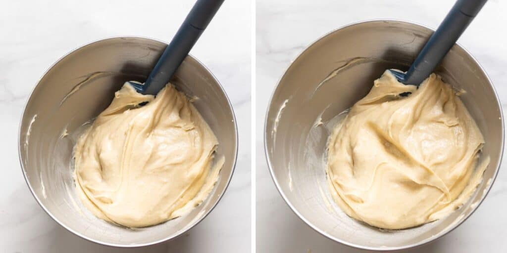 two side-by-side images of gluten free choux pastry dough in a mixing bowl with text that reads: ' mixture should be thick, shiny and smooth; if you run an oiled finger across the top, the sides should very slowly close in'