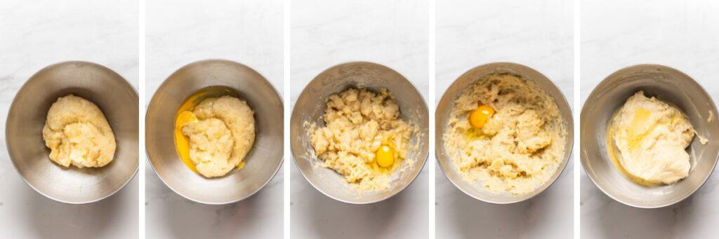 A collage of the different stages of adding eggs to choux pastry. Text reads: 'add 3 eggs one at a time + 1-2 tbsp whisked egg until the consistency is right'