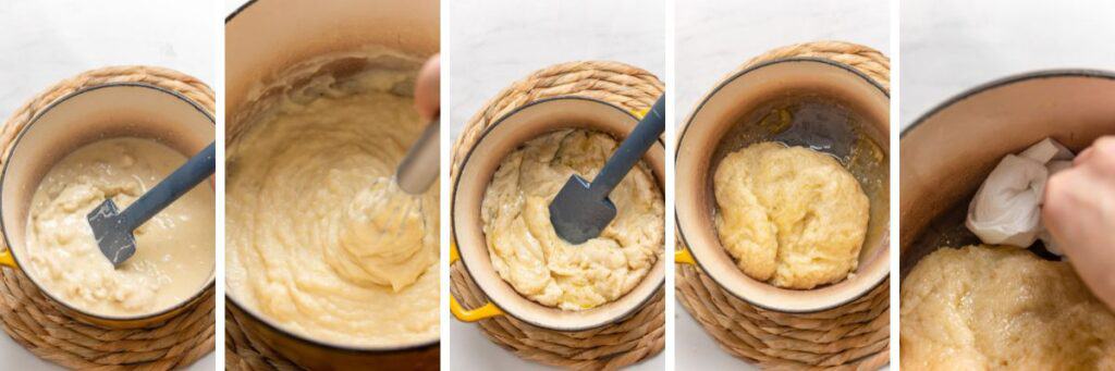 A collage of the different stages gluten free choux pastry dough goes through as it cooks. Text reads: 'cook until the mixture thickens & forms a big clump - dab excess butter if needed'