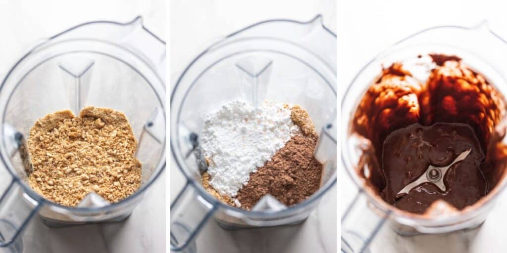 a collage showing three stages of making homemade nutella in a blender: 1. hazelnuts ground up, 2. sugar and cocoa powder added to the blender, 3. everything blended into a creamy chocolate and hazelnut mixture