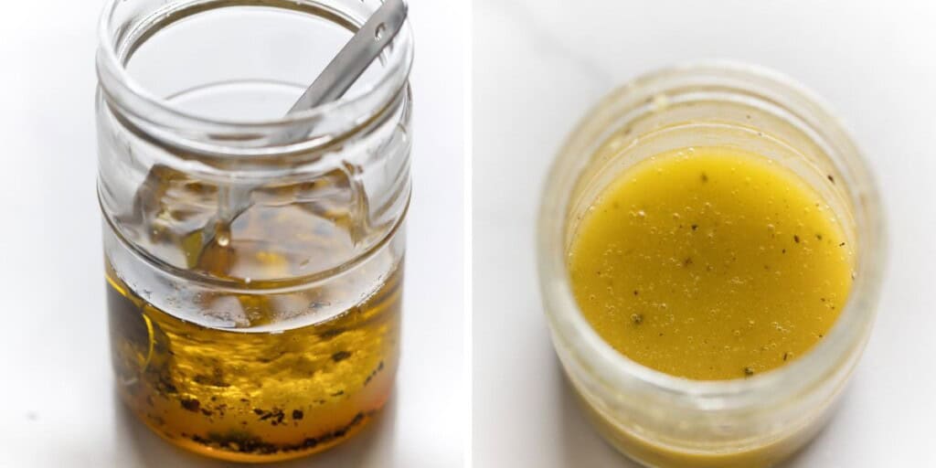 lemon vinaigrette ingredients in a jar before and after mixing together