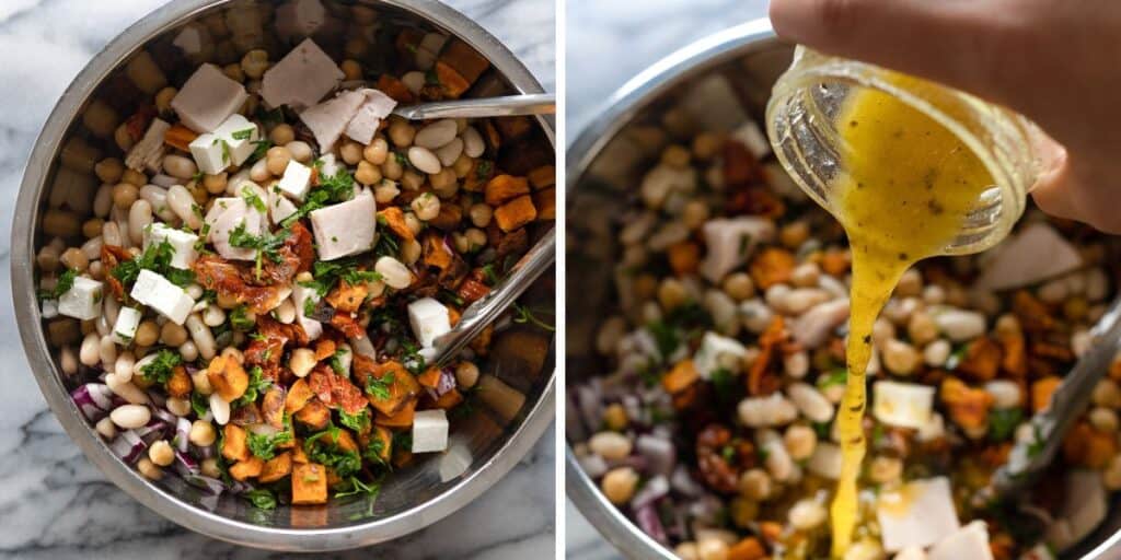 a mediterranean dense bean salad made up of white beans, fresh parsley, turkey slices, feta, sun-dried tomato and sweet potato in a large salad bowl in one image and a lemon vinaigrette pouring over the salad in another image