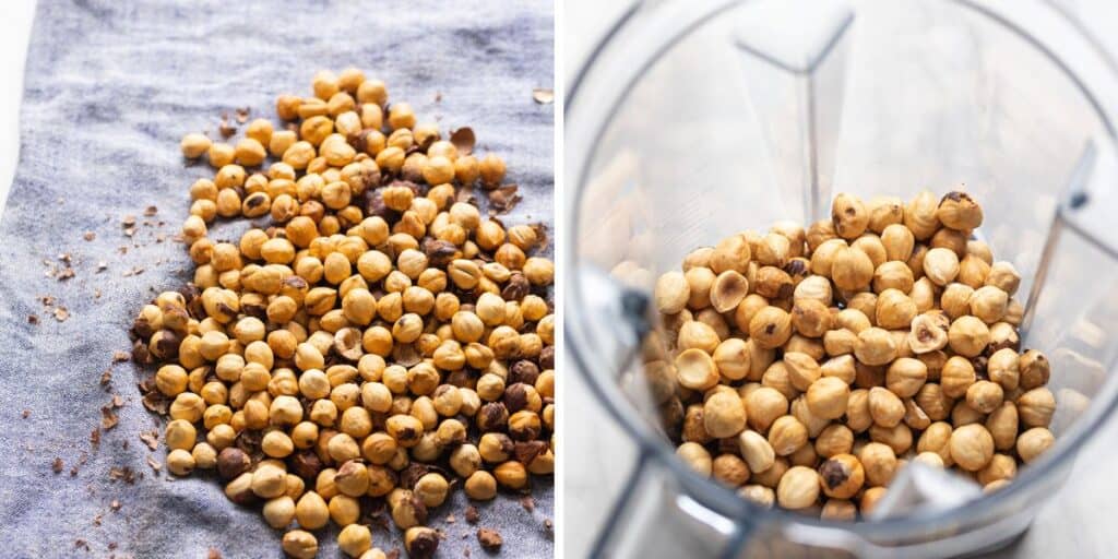 roasted hazelnuts in a kitchen towel after the skins were rubbed off then inside a blender