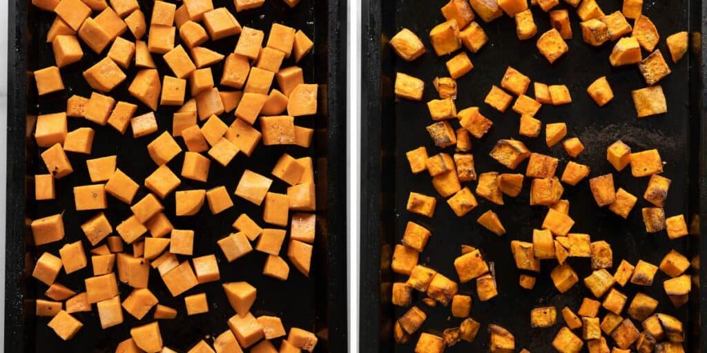 diced sweet potatoes on a baking sheet before and after roasting