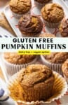 Gluten Free Pumpkin Muffins on a plate with the text: dairy free + vegan options