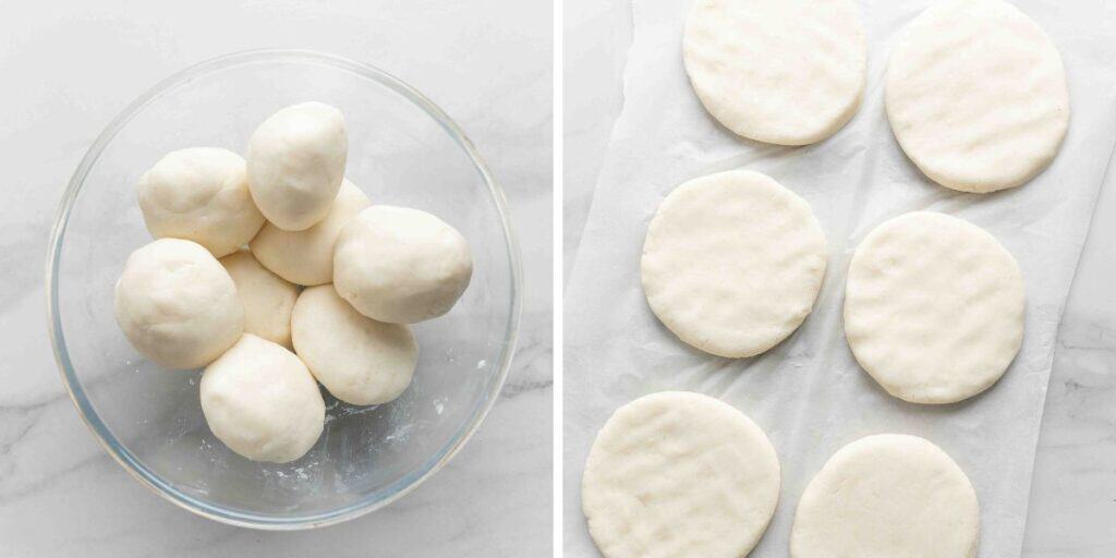 arepa dough formed into little balls then shaped into patties