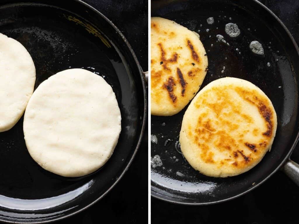 arepa dough before and after frying in a pan