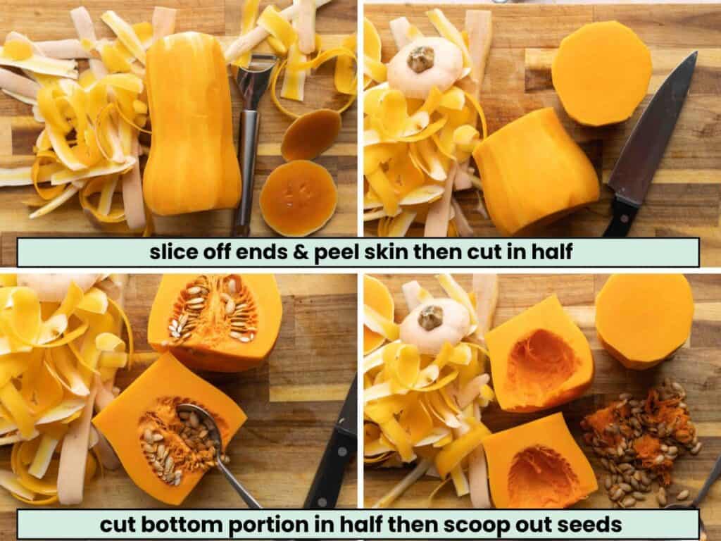 a collage of steps showing how to peel and prepare butternut squash