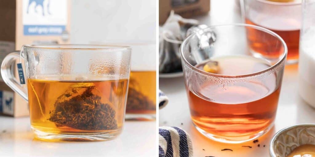 earl grey tea brewing in a mug with text that says: brew tea