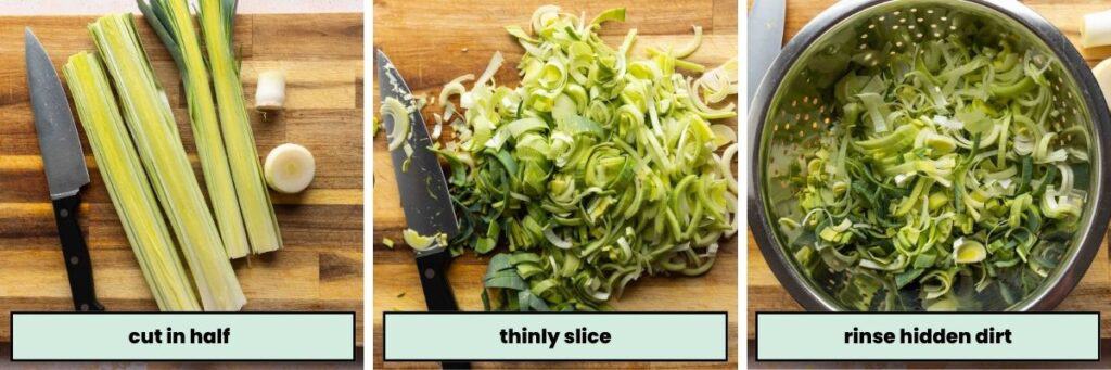 a collage showing how to slice then rinse leeks