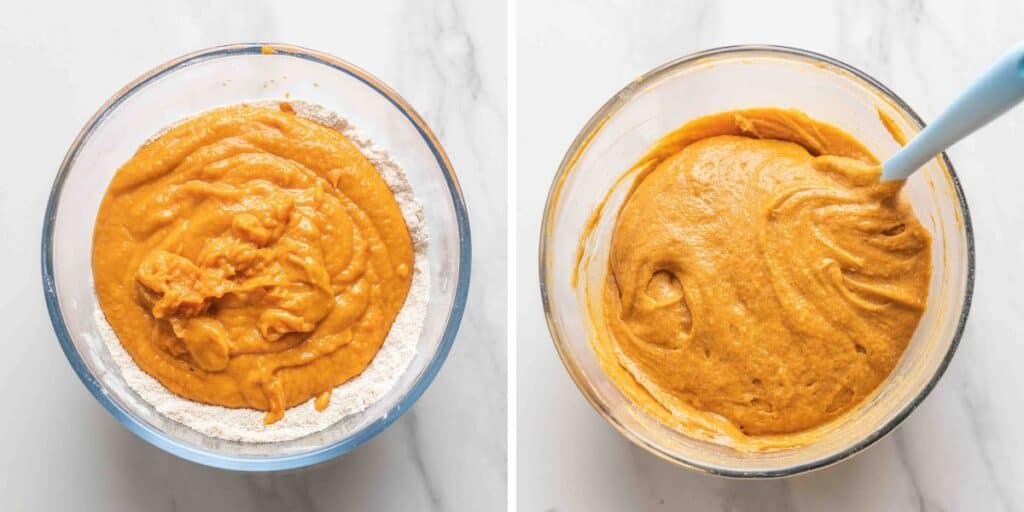 Two images before and after mixing the wet ingredients and dry ingredients for gluten free pumpkin muffins