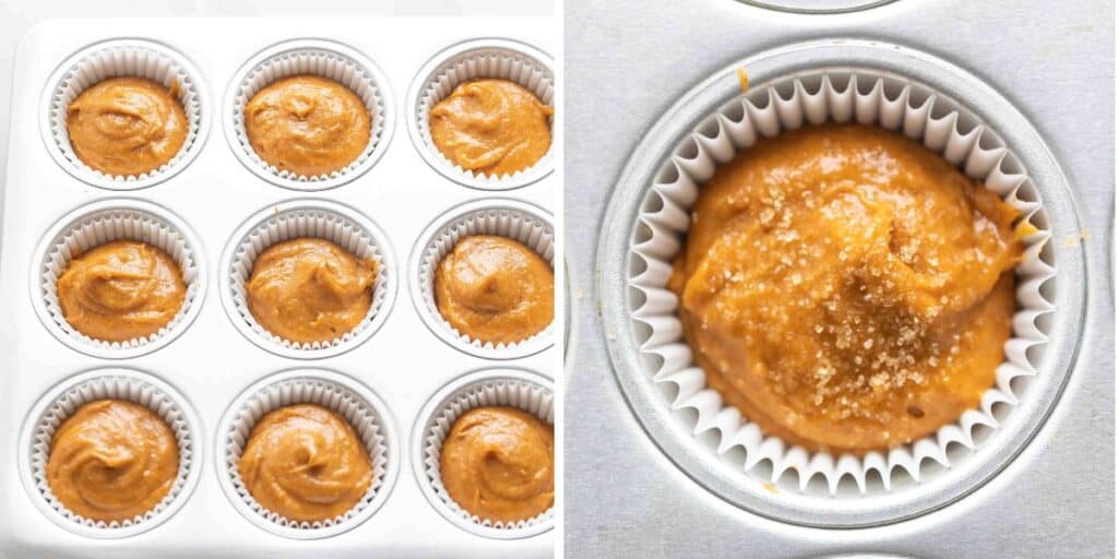 Left image is a muffin tin full of pumpkin batter; Right image is a muffin cup of unbaked pumpkin muffins with coarse sugar on top